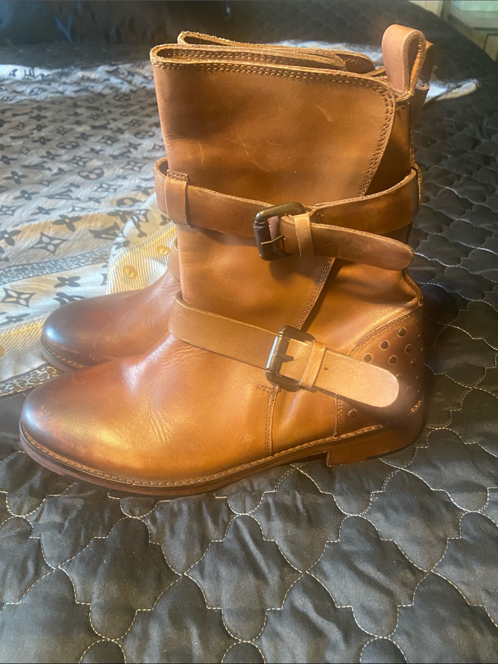 Women's Tan Leather Buckle Lace-Up Boots